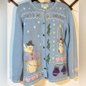 The Quaker Factory Women's Blue Snowman Winter Cardigan Sweater S , vintage